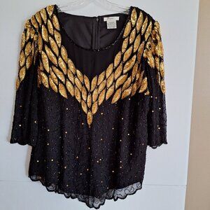 Roaman’s Vintage 1980s 90s Womens Top 100% Polyester 18W Black and Gold